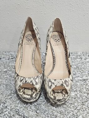 Vince Camuto Snake-Print Peep Toe Pumps in Beige and Black